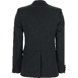 Black Double-breasted Jacket with Damask Effect in Wool Woman