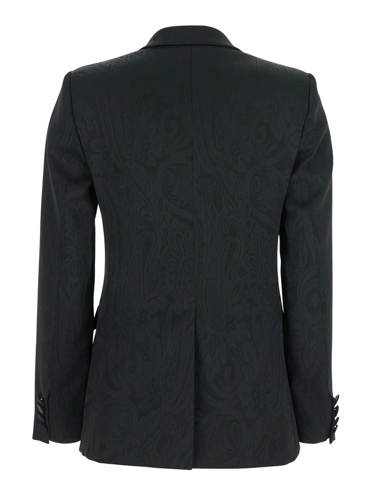 Black Double-breasted Jacket with Damask Effect in Wool Woman alternative