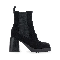Black Elasticated Band Block Heel Ankle Boots in Suede Woman