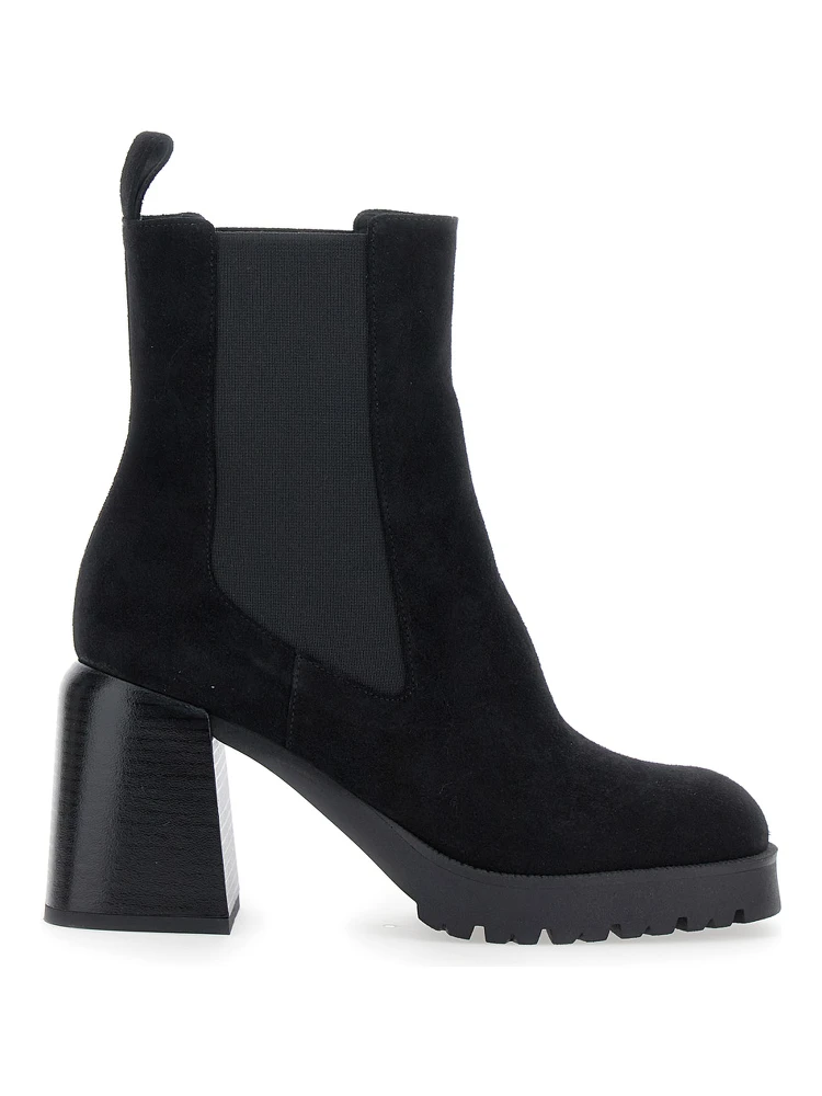 Black Elasticated Band Block Heel Ankle Boots in Suede Woman