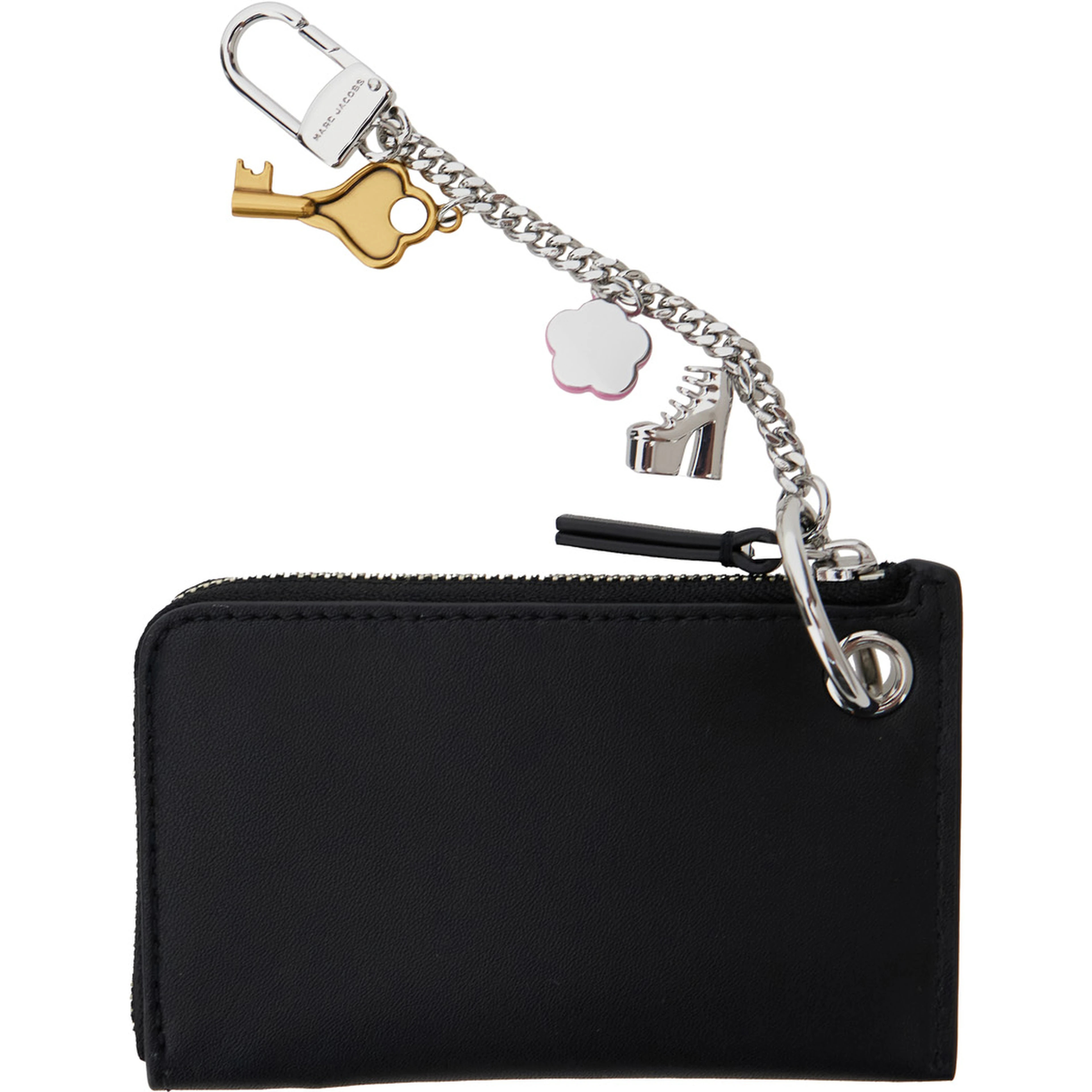 The Coin Purse Charm Black Keychain with Logo Lettering on the Front and Charm Embellishments in Grained Leather Woman