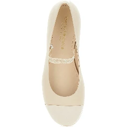 Beige Ballet Shoes with Cap Toe and Strap with Logo Lettering in Leather Girl