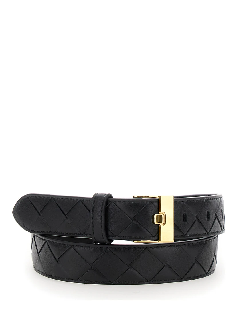 Black Belt with All-Over Intreccio Motif in Leather Woman
