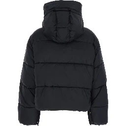 Black Down Jacket with Drawstring Hood and Logo Patch on the Sleeve in Tech Fabric Woman
