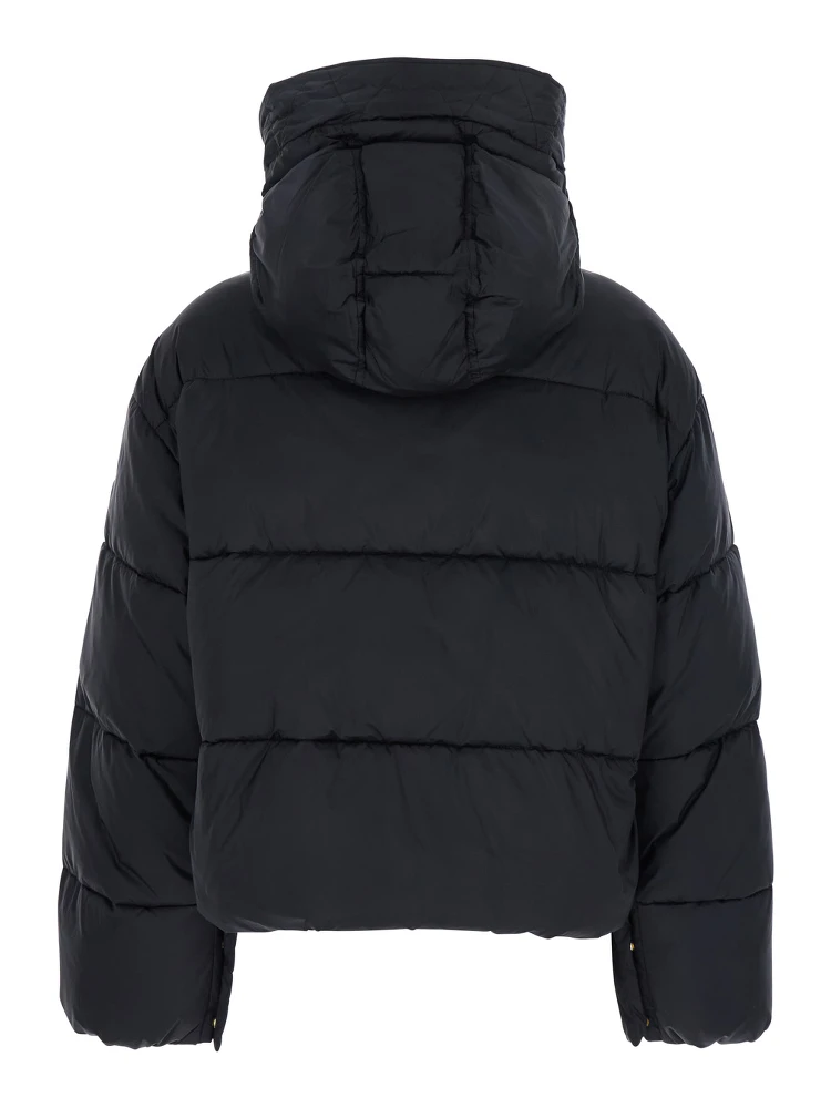 Black Down Jacket with Drawstring Hood and Logo Patch on the Sleeve in Tech Fabric Woman alternative