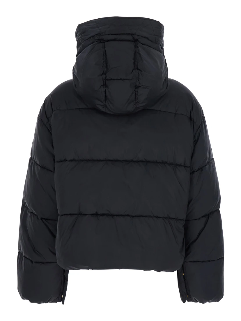 Black Down Jacket with Drawstring Hood and Logo Patch on the Sleeve in Tech Fabric Woman