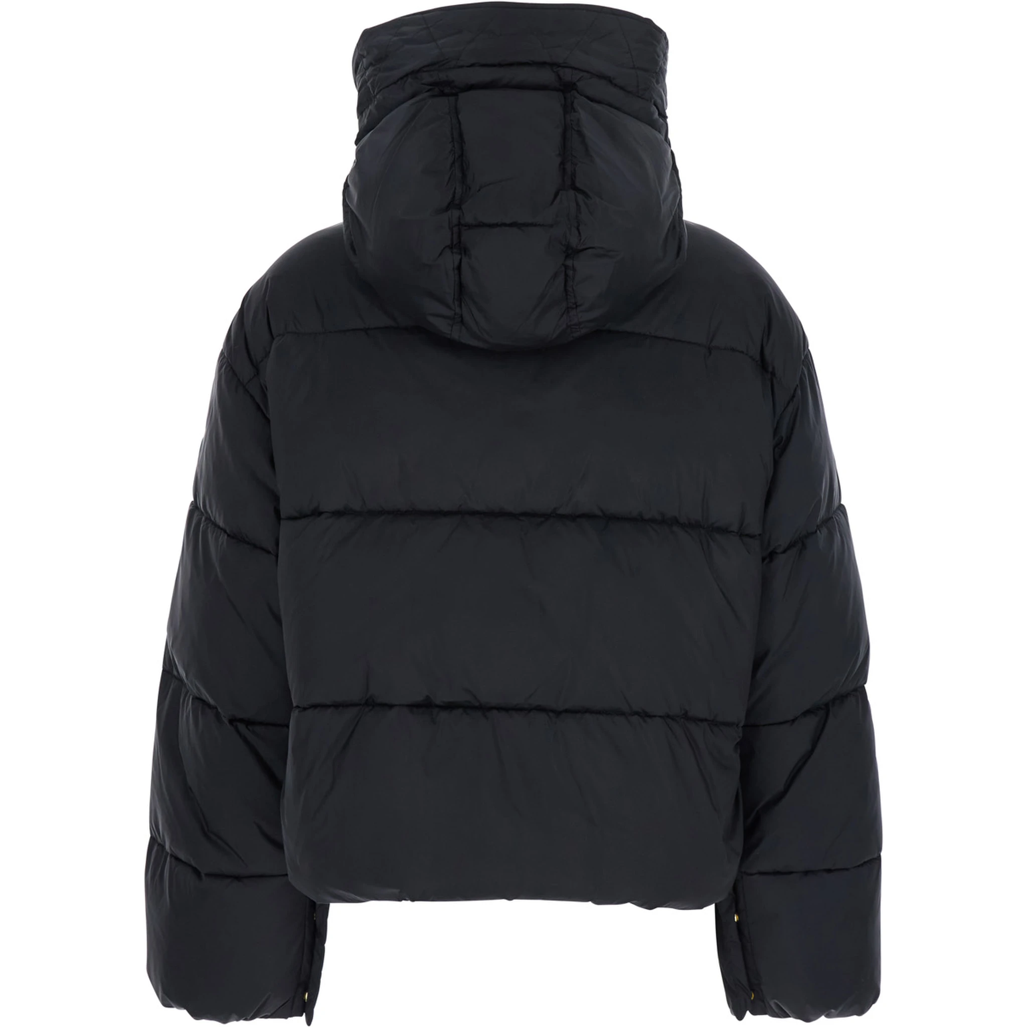 Black Down Jacket with Drawstring Hood and Logo Patch on the Sleeve in Tech Fabric Woman