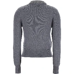 Grey Polo Shirt with Crystal-Decorated Collar and Logo Patch on the Back in Cashmere Woman