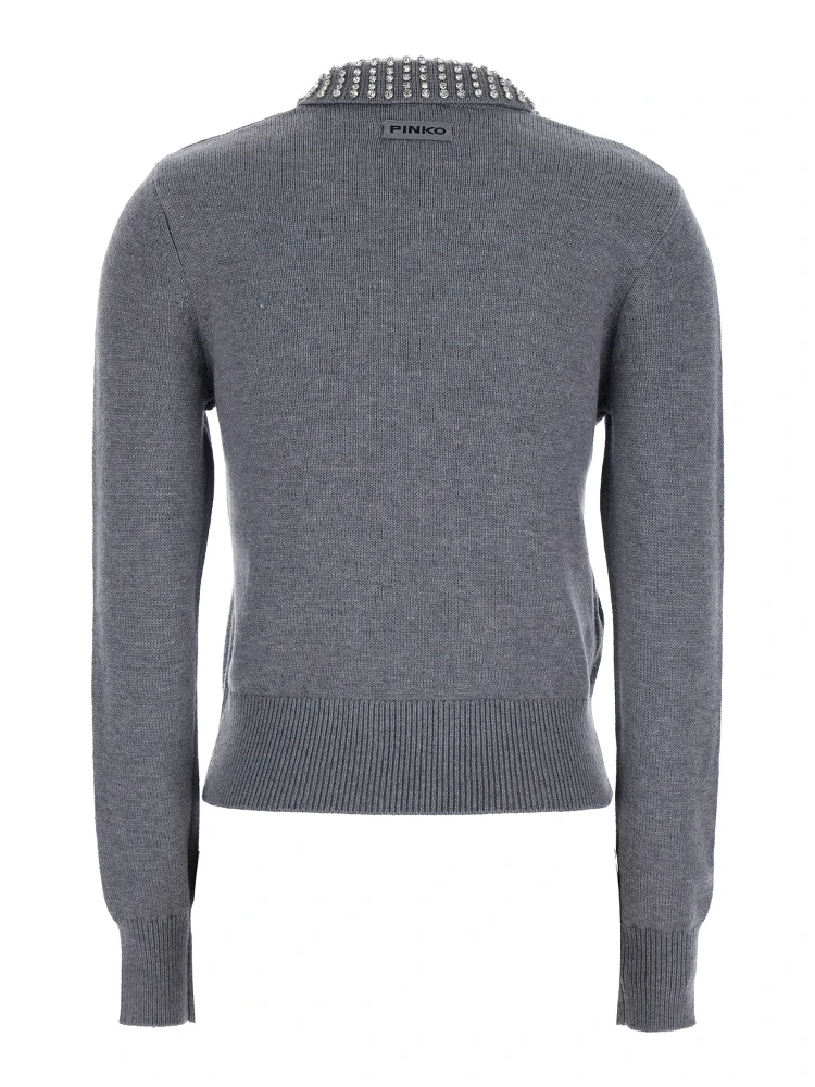 Grey Polo Shirt with Crystal-Decorated Collar and Logo Patch on the Back in Cashmere Woman alternative