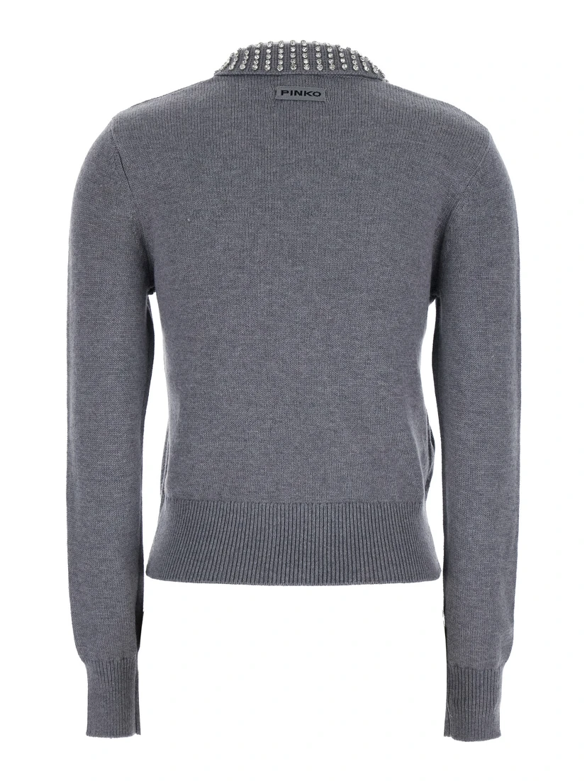 Grey Polo Shirt with Crystal-Decorated Collar and Logo Patch on the Back in Cashmere Woman