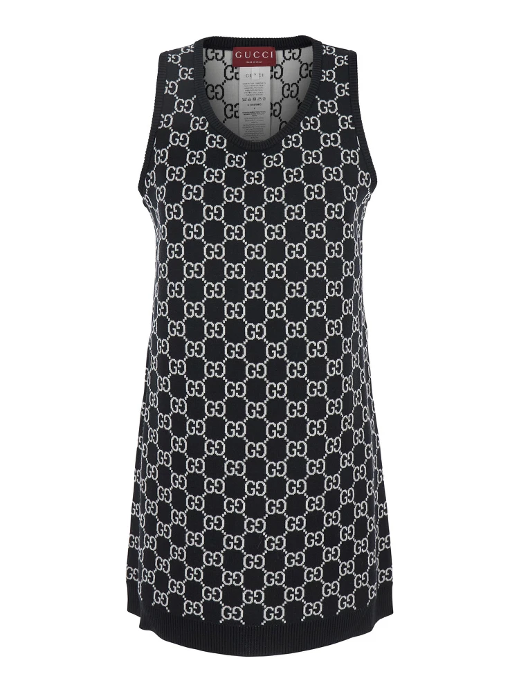 Black Sleeveless Mini Dress with Round Neck in GG Canvas Woman