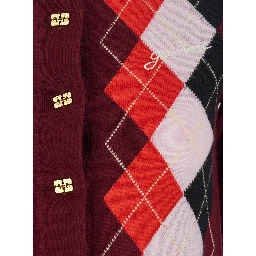 Multicolor Crewneck Cardigan with Jewel Buttons and Gemetric Motif on the Front in Wool and Cashmere Woman