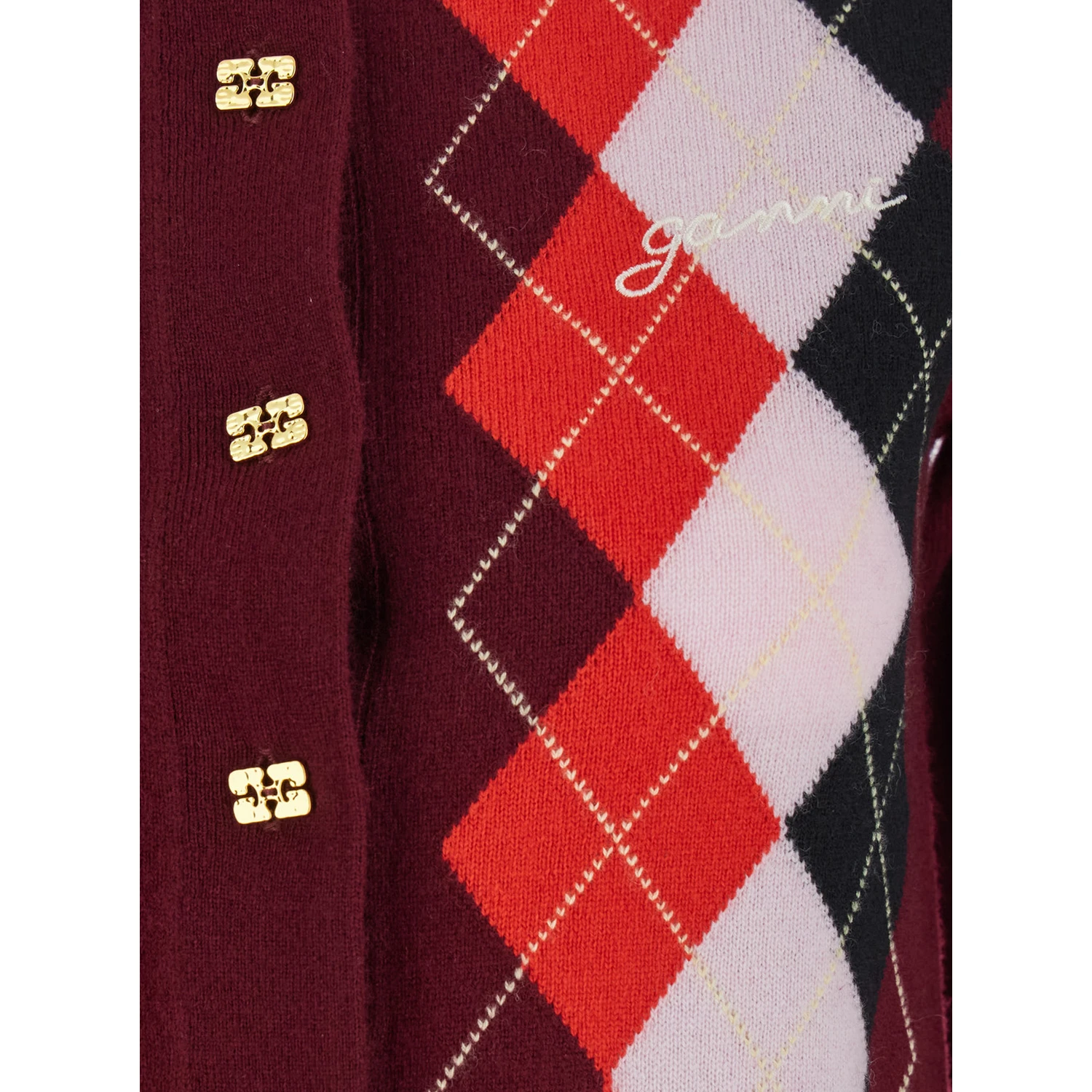 Multicolor Crewneck Cardigan with Jewel Buttons and Gemetric Motif on the Front in Wool and Cashmere Woman