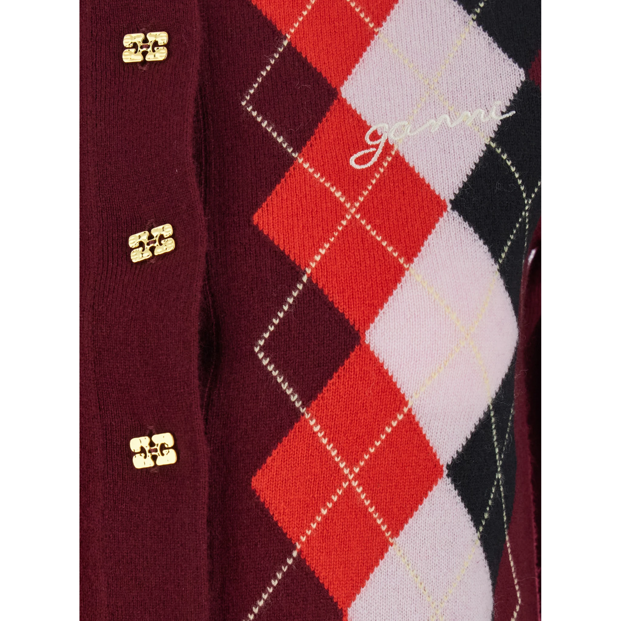 Multicolor Crewneck Cardigan with Jewel Buttons and Gemetric Motif on the Front in Wool and Cashmere Woman