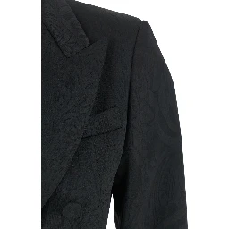 Black Double-breasted Jacket with Damask Effect in Wool Woman
