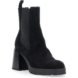 Black Elasticated Band Block Heel Ankle Boots in Suede Woman