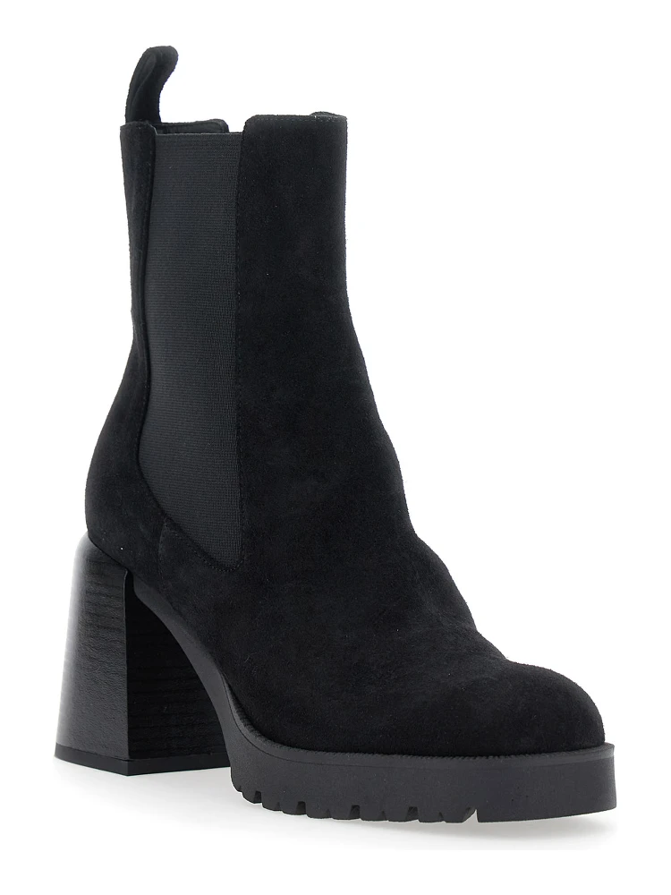 Black Elasticated Band Block Heel Ankle Boots in Suede Woman alternative