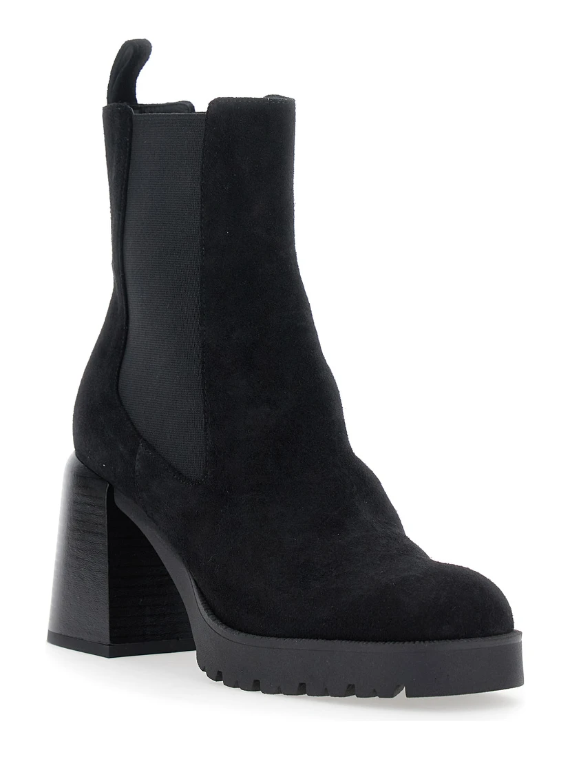 Black Elasticated Band Block Heel Ankle Boots in Suede Woman