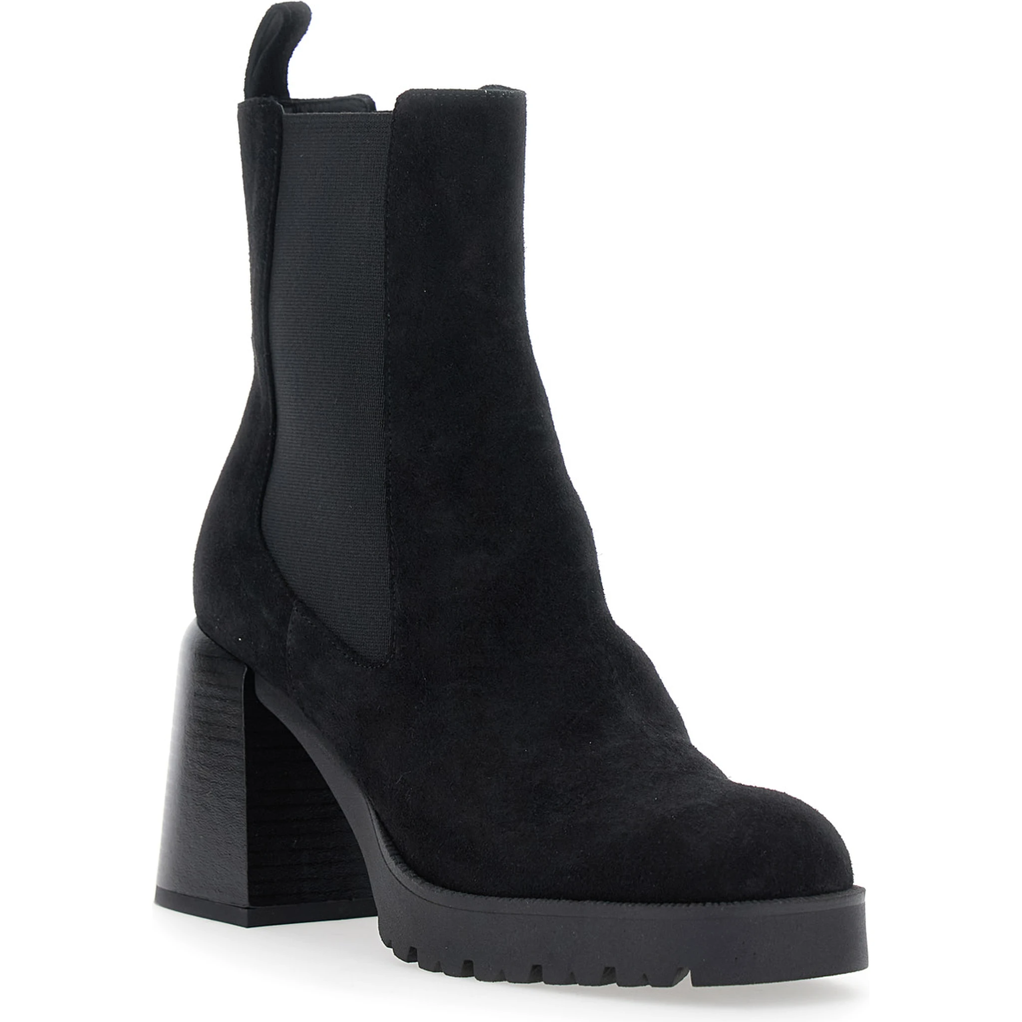 Black Elasticated Band Block Heel Ankle Boots in Suede Woman