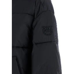 Black Down Jacket with Drawstring Hood and Logo Patch on the Sleeve in Tech Fabric Woman