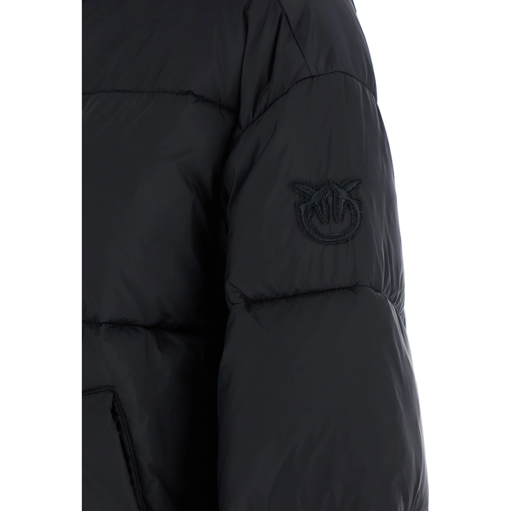 Black Down Jacket with Drawstring Hood and Logo Patch on the Sleeve in Tech Fabric Woman