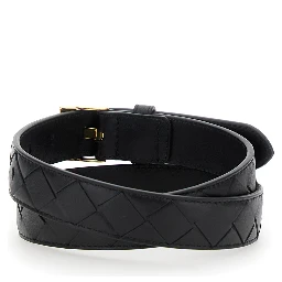 Black Belt with All-Over Intreccio Motif in Leather Woman
