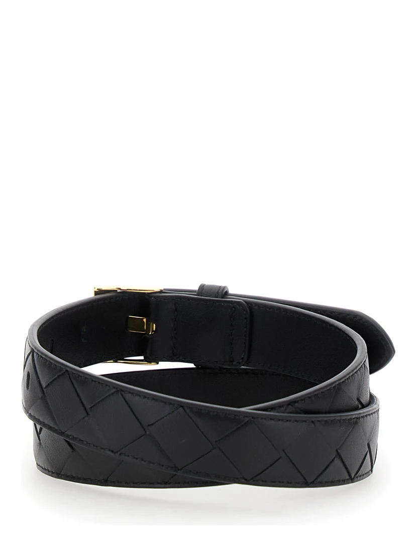 Black Belt with All-Over Intreccio Motif in Leather Woman