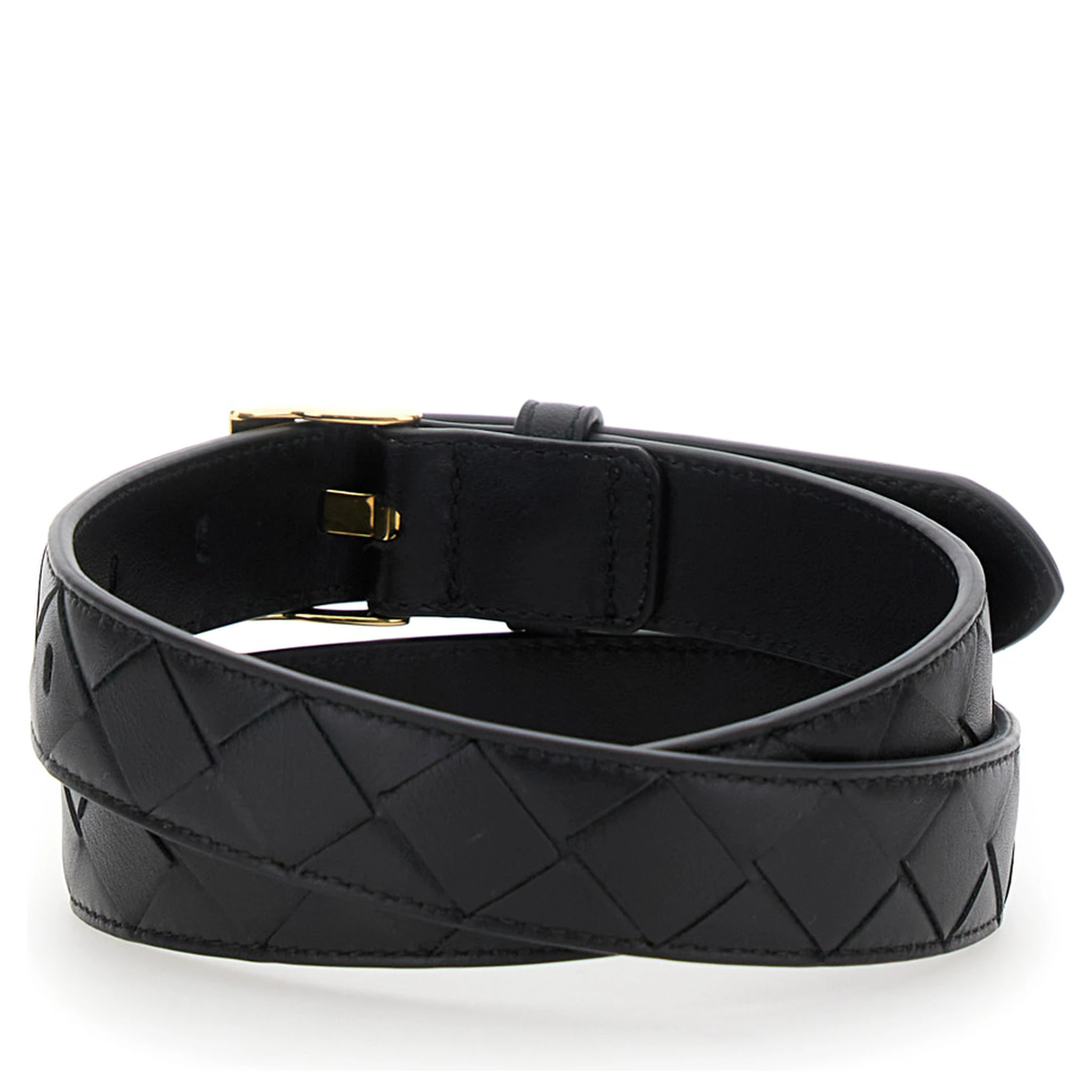 Black Belt with All-Over Intreccio Motif in Leather Woman