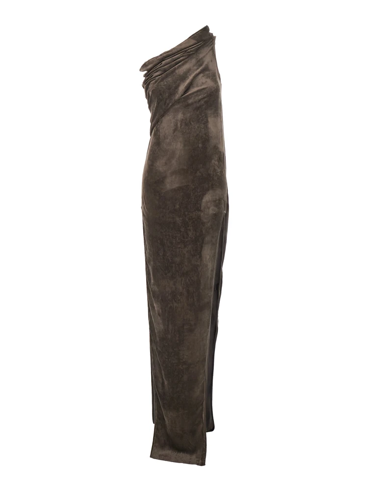 فستان أثينا أروهيد البني الطويل غير المتماثل ذو الياقة المكشكشة والفتحة الجانبية الواحدة من مزيج الفسكوز للنساء