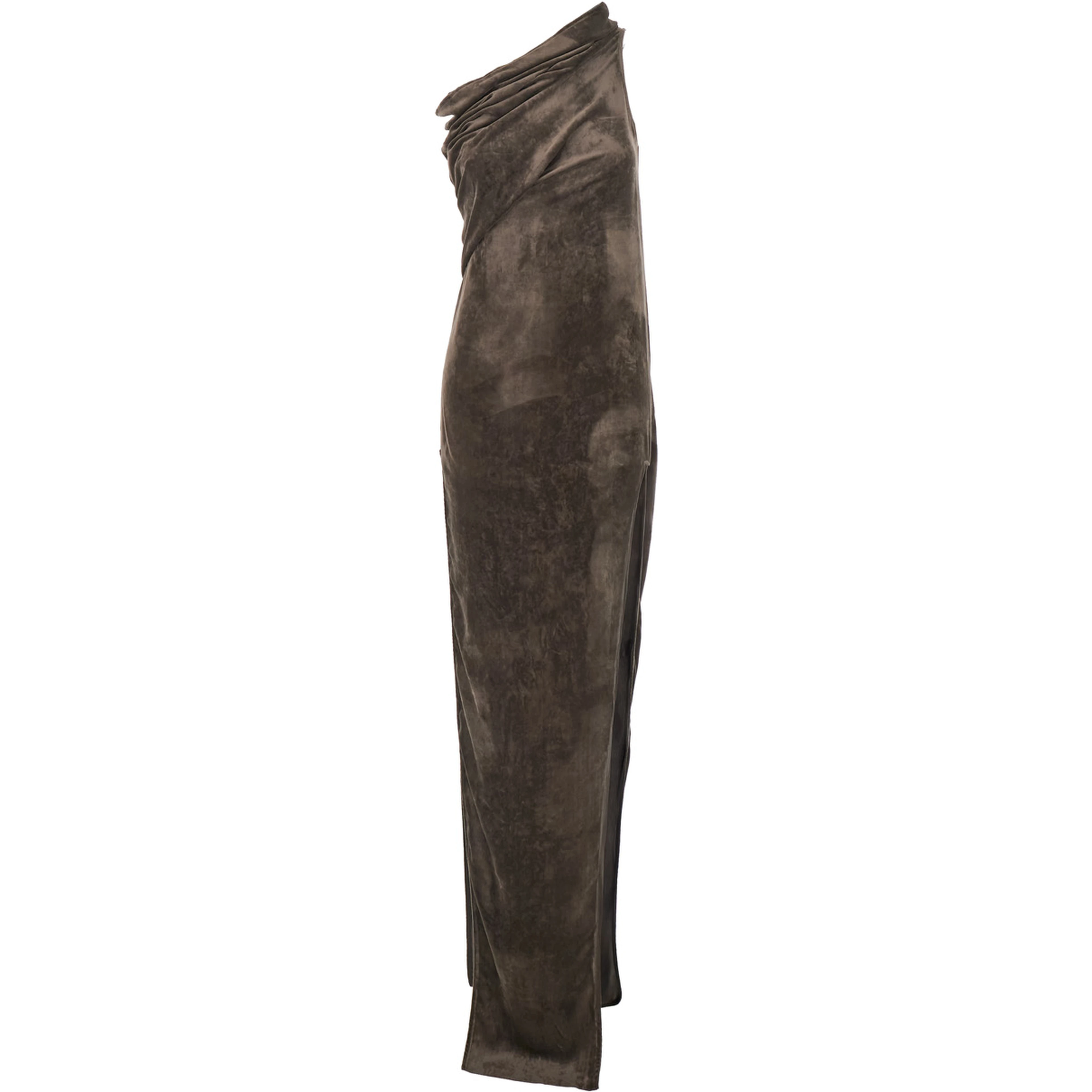 Athena Arrowhead Brown Asymmetric Long Dress with Ruched Neckline and Side Single Slit in Viscose Blend Woman