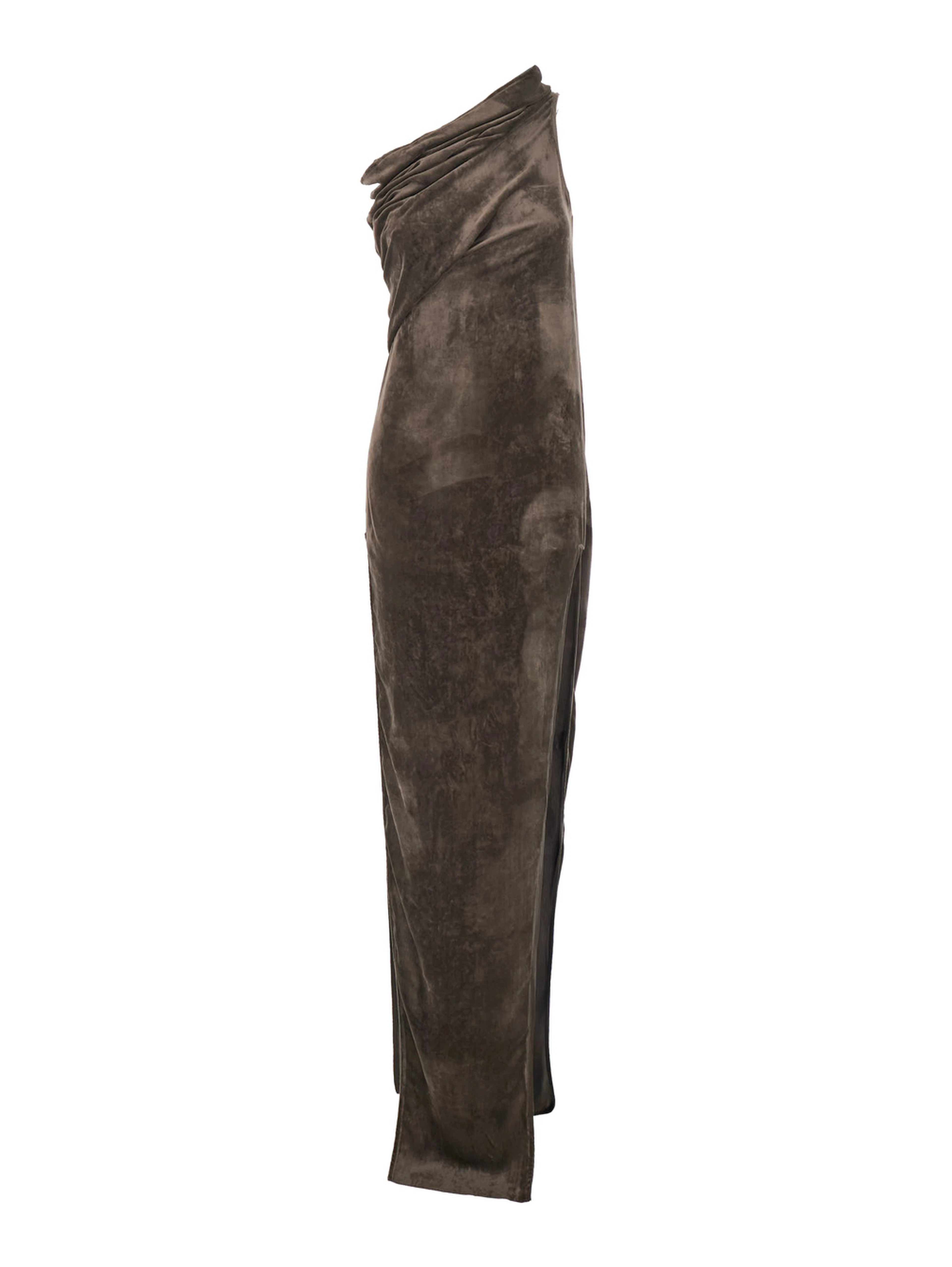 Athena Arrowhead Brown Asymmetric Long Dress with Ruched Neckline and Side Single Slit in Viscose Blend Woman