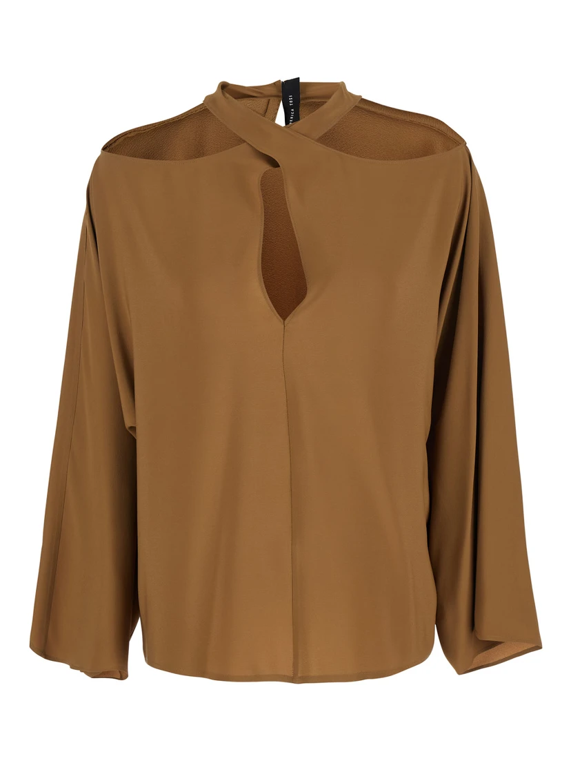 Beige Blouse with Criss-Crossed Neckline and Rear Keyhole Closure in Silk Blend Woman