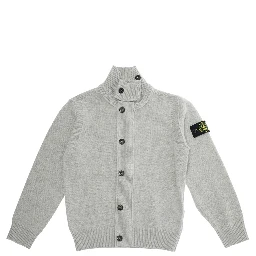 Grey Cardigan with High Neck and Logo Patch on the Sleeve in Wool and Cashmere Blend Boy