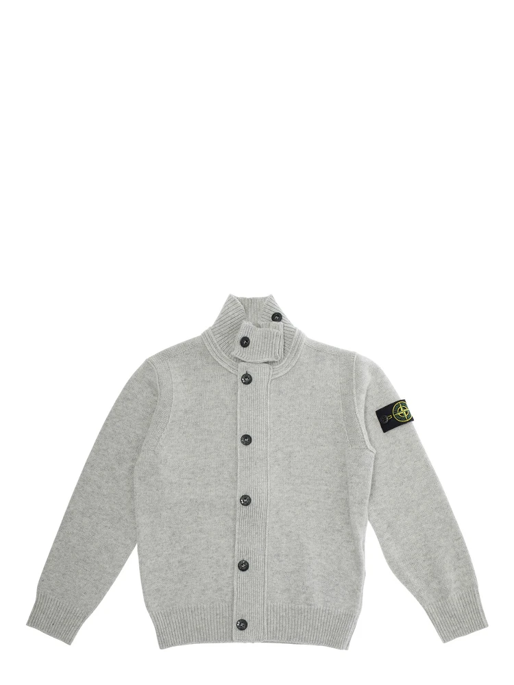 Grey Cardigan with High Neck and Logo Patch on the Sleeve in Wool and Cashmere Blend Boy
