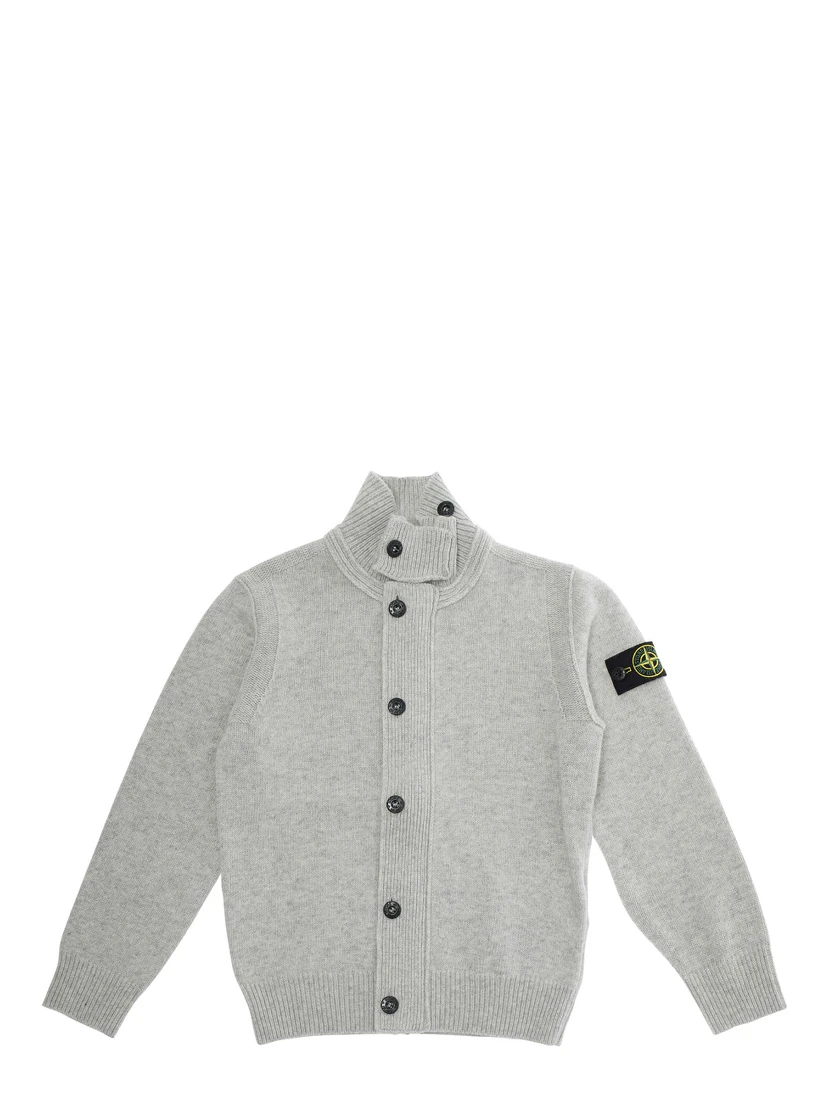 Grey Cardigan with High Neck and Logo Patch on the Sleeve in Wool and Cashmere Blend Boy