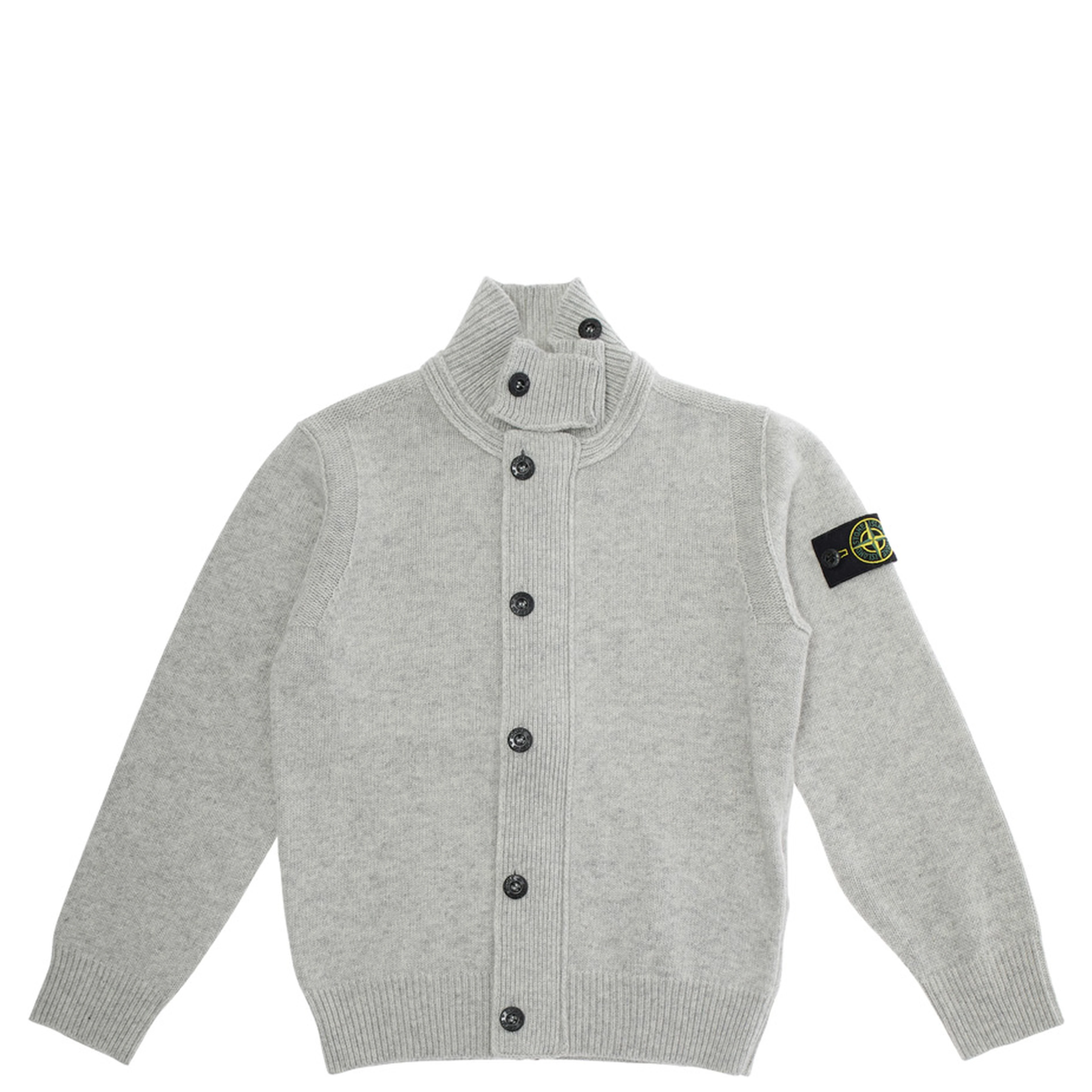Grey Cardigan with High Neck and Logo Patch on the Sleeve in Wool and Cashmere Blend Boy