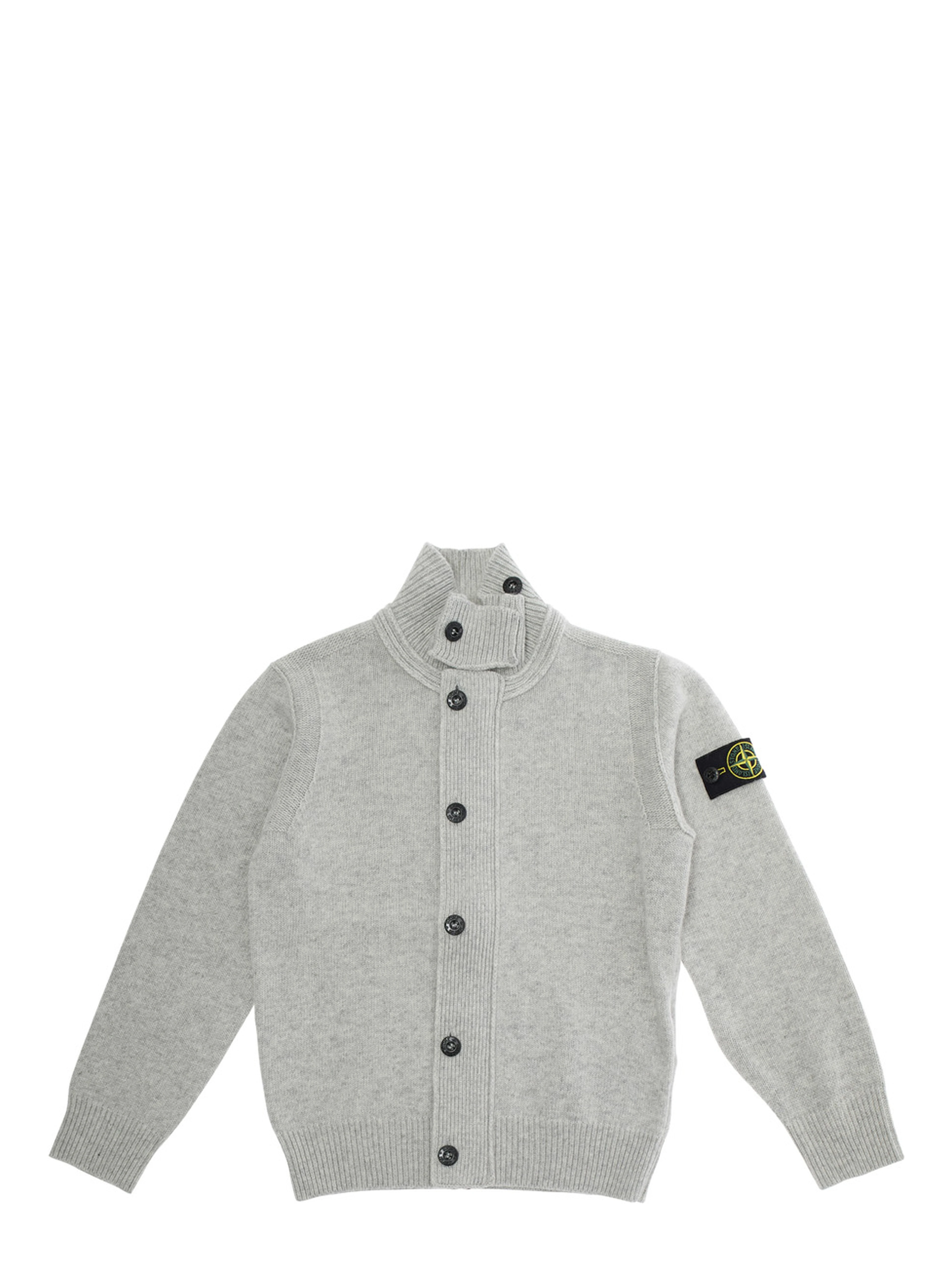 Grey Cardigan with High Neck and Logo Patch on the Sleeve in Wool and Cashmere Blend Boy