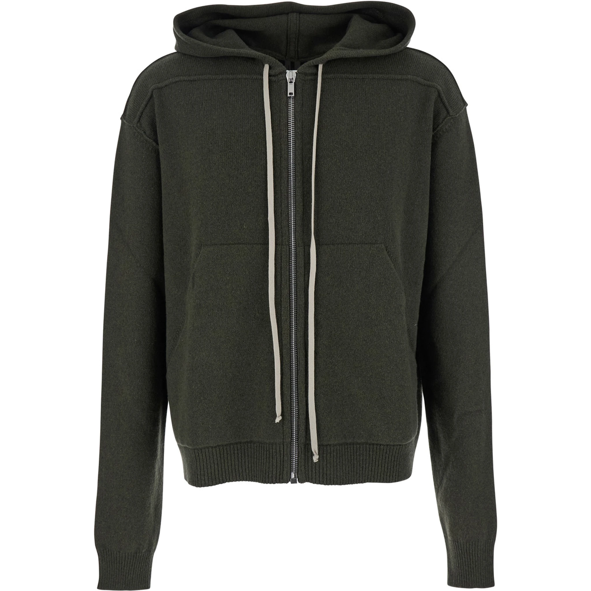 Green Sweatshirt with Contrasting Drawstring Hood in Cashmere and Wool Man