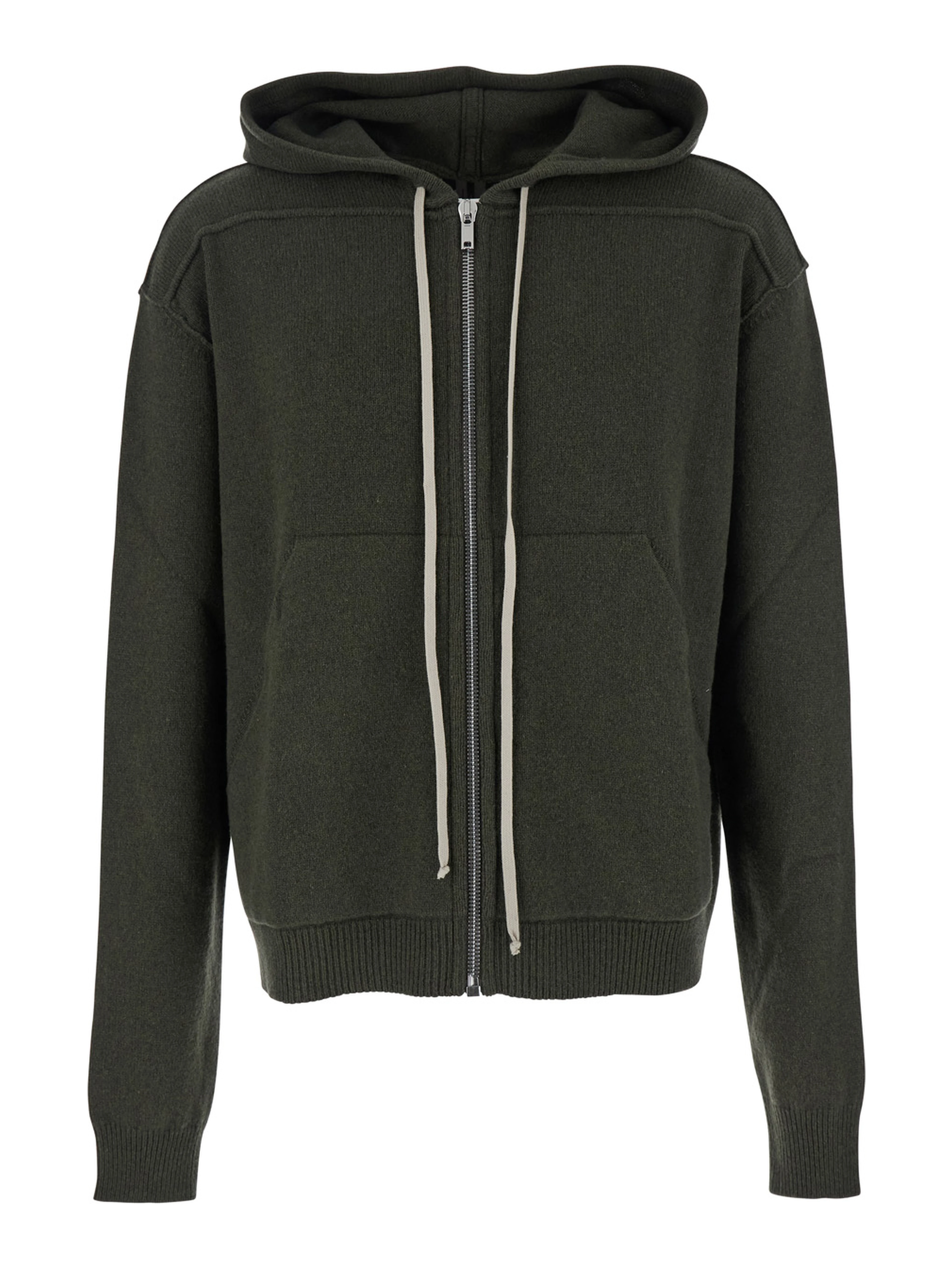 Green Sweatshirt with Contrasting Drawstring Hood in Cashmere and Wool Man