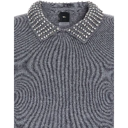 Grey Polo Shirt with Crystal-Decorated Collar and Logo Patch on the Back in Cashmere Woman
