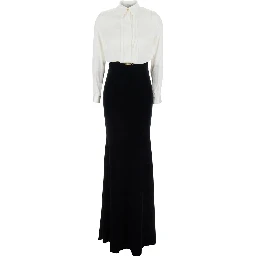 White and Black Long Dress with Metallic Detail and Skirt Design in Fabric Woman
