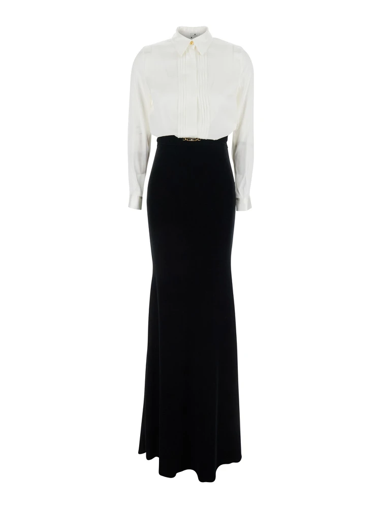 White and Black Long Dress with Metallic Detail and Skirt Design in Fabric Woman