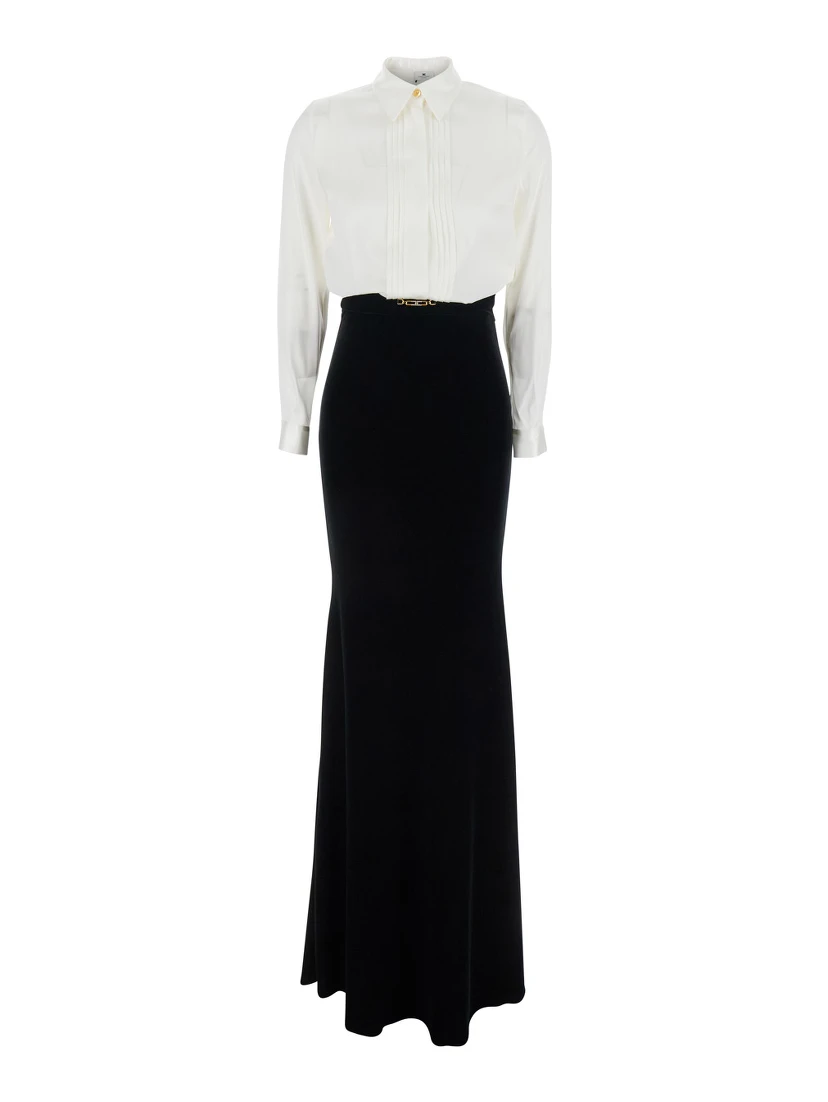 White and Black Long Dress with Metallic Detail and Skirt Design in Fabric Woman