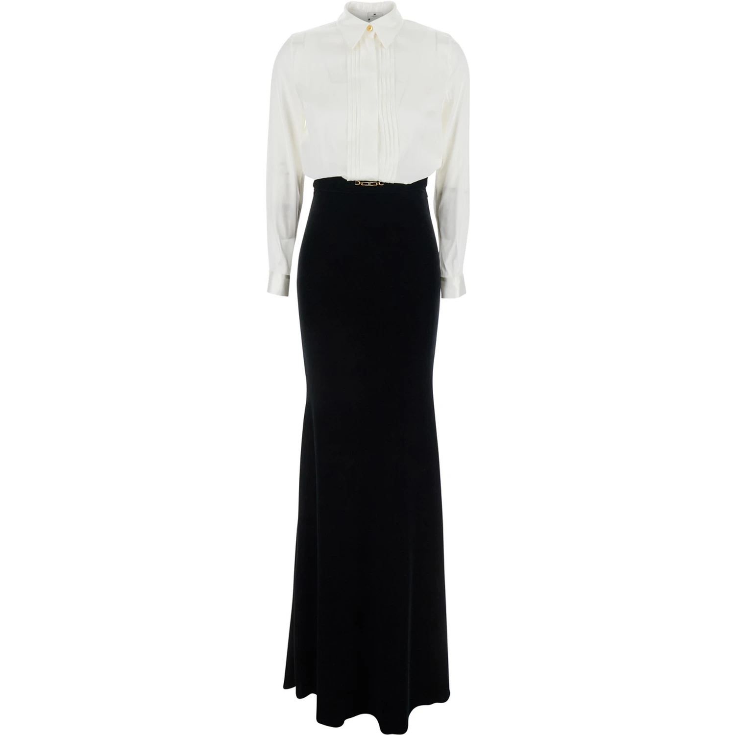 White and Black Long Dress with Metallic Detail and Skirt Design in Fabric Woman