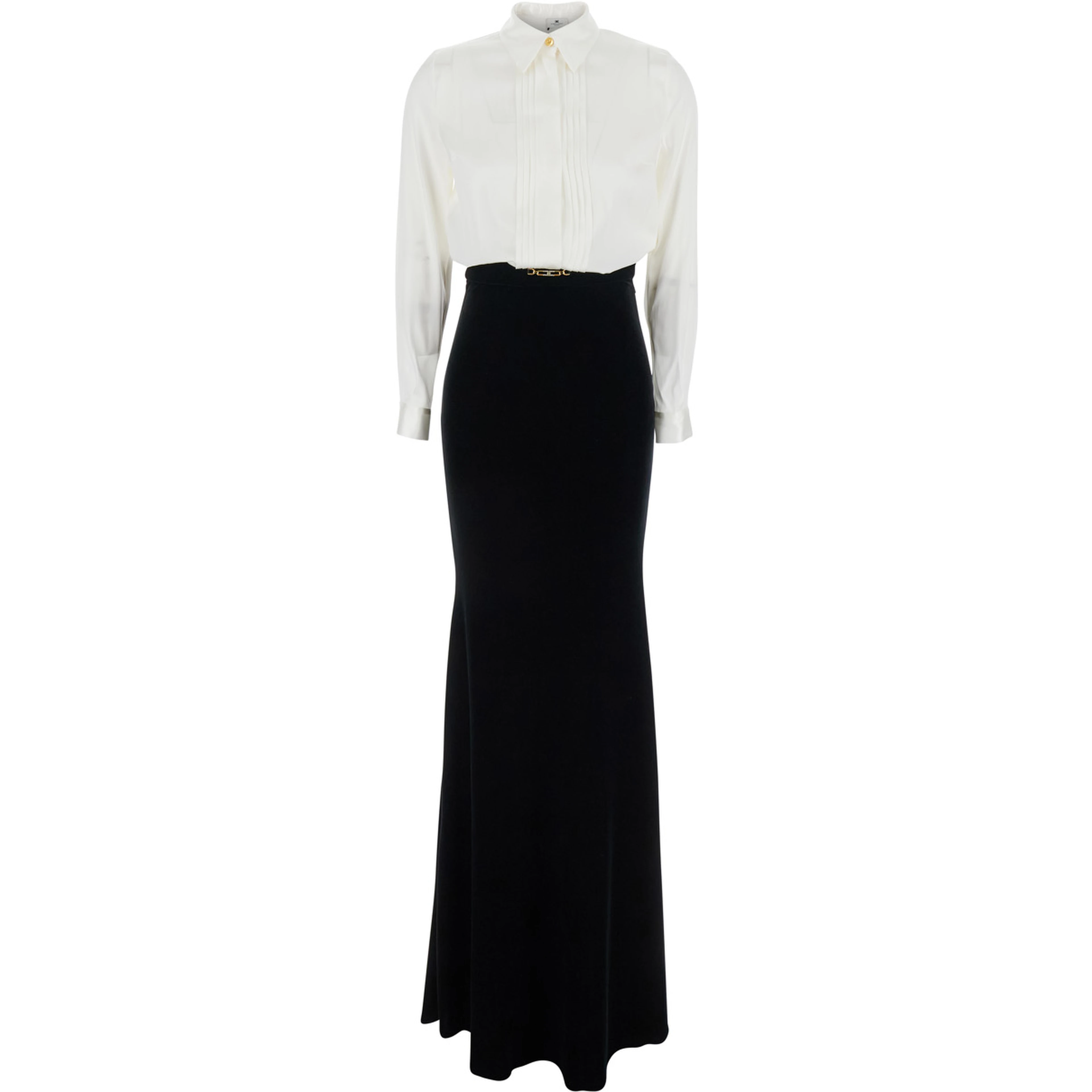 White and Black Long Dress with Metallic Detail and Skirt Design in Fabric Woman