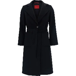 Black Double-Breasted Coat with Notched Revers and Front Belt Closure in Wool Girl