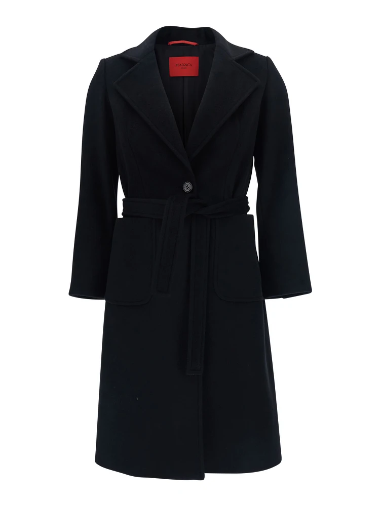 Black Double-Breasted Coat with Notched Revers and Front Belt Closure in Wool Girl