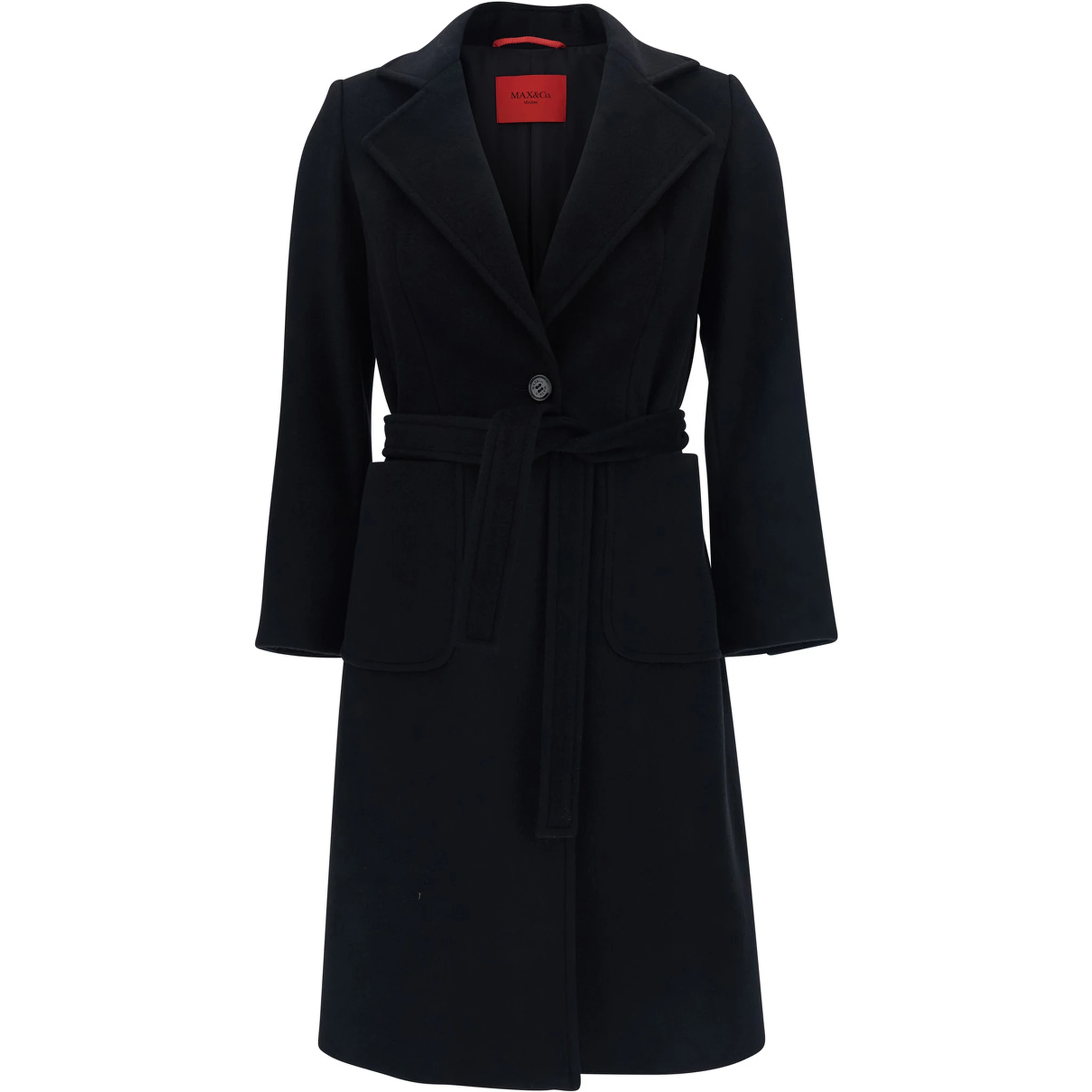 Black Double-Breasted Coat with Notched Revers and Front Belt Closure in Wool Girl