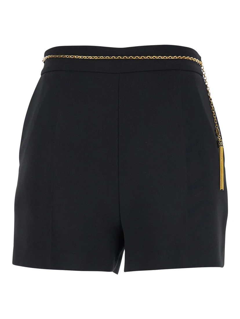 Black Shorts with Metallic Pendant and Patch Pockets in Fabric Woman