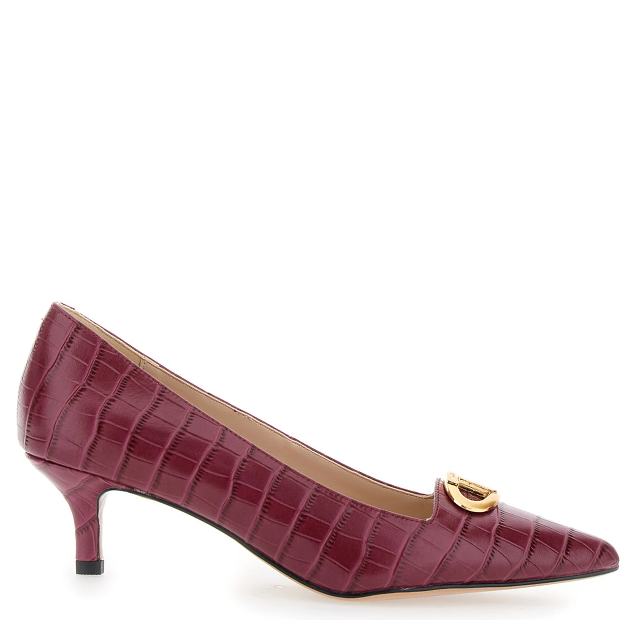 Bordeaux Pumps with Low Stiletto Heel and Embissed Crocodile Effect in Leather Woman
